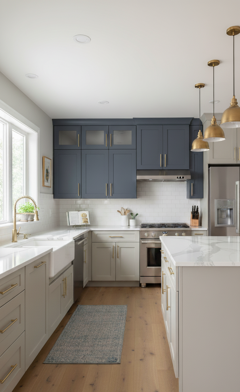 Modern bedroom with blue-grey cabinetry and contemporary design